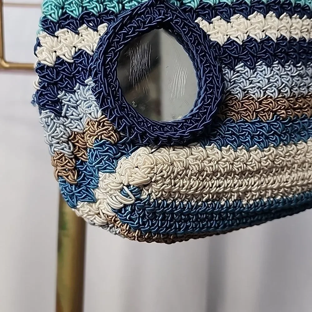 Vintage Crochet Small Crossbody Bag Beachy In Shades Of Blue & Neutral